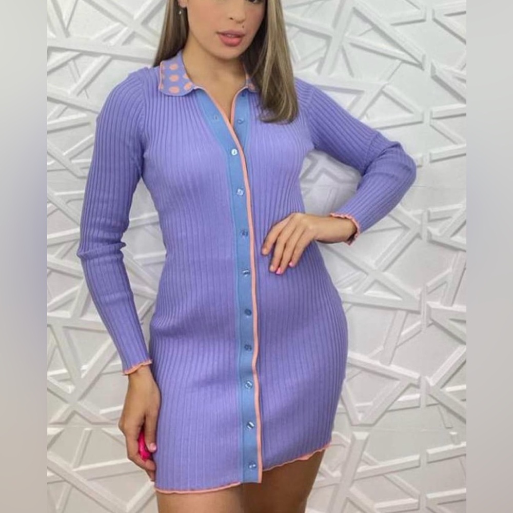 Purple Ribbed Long Sleeve Button Dress